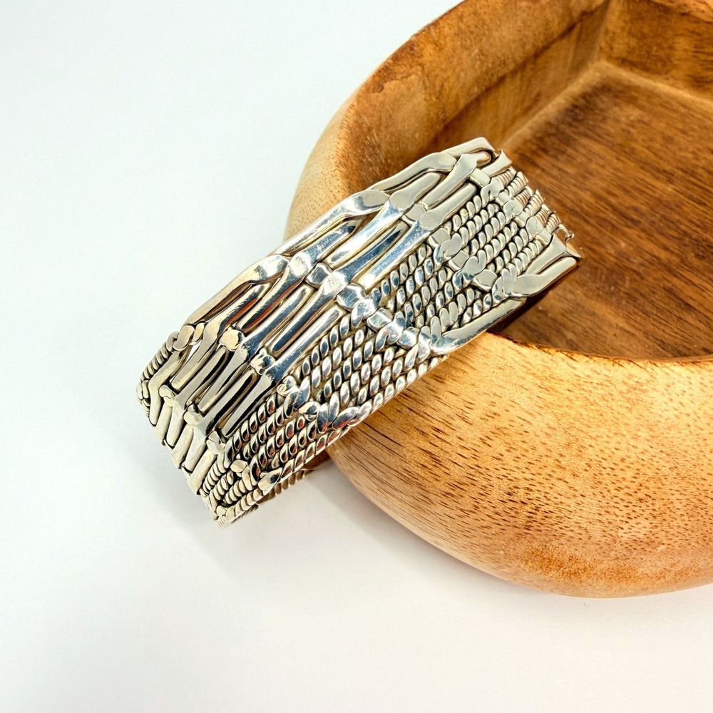 Vintage Sterling Silver Basket Weave Cuff Taxco Style Flat Braided Bracelet